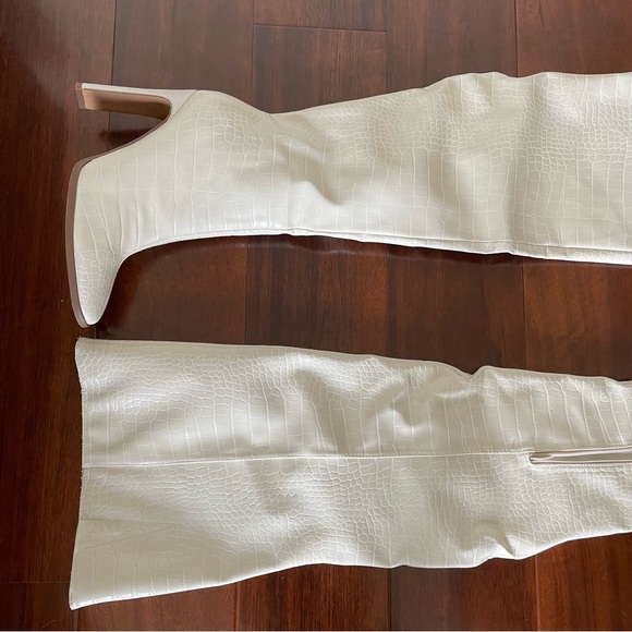 Cream Mock Croc Square Toe Heeled Over The Knee Boots - Picture 9 of 10